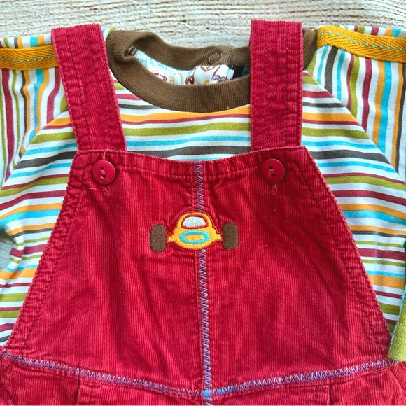 Rabbit Moon Maroon Race Car Overalls Yellow Green Striped Top Boy’s 6-9M - Picture 3 of 5